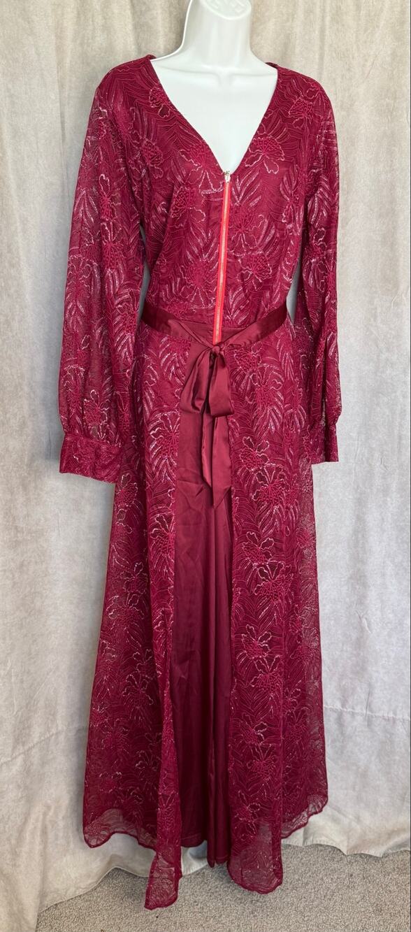 Unique Vintage Burgundy Gold Lace Jumpsuit with Skirt Overlay 1X 16 NWOT